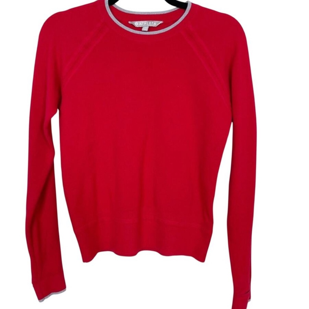 Athleta Red Cotton Tipped Crew Neck Sweater Pullover Gray Raglan M
